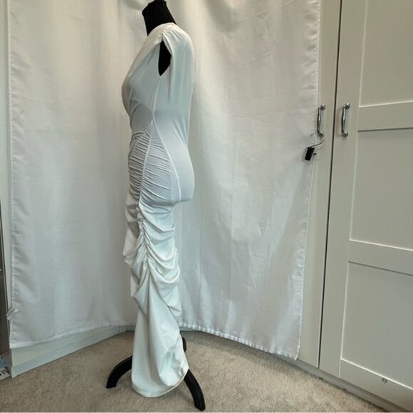 Zara white draped ruched one shoulder asymmetrical bodycon midi dress high slit - Picture 4 of 11